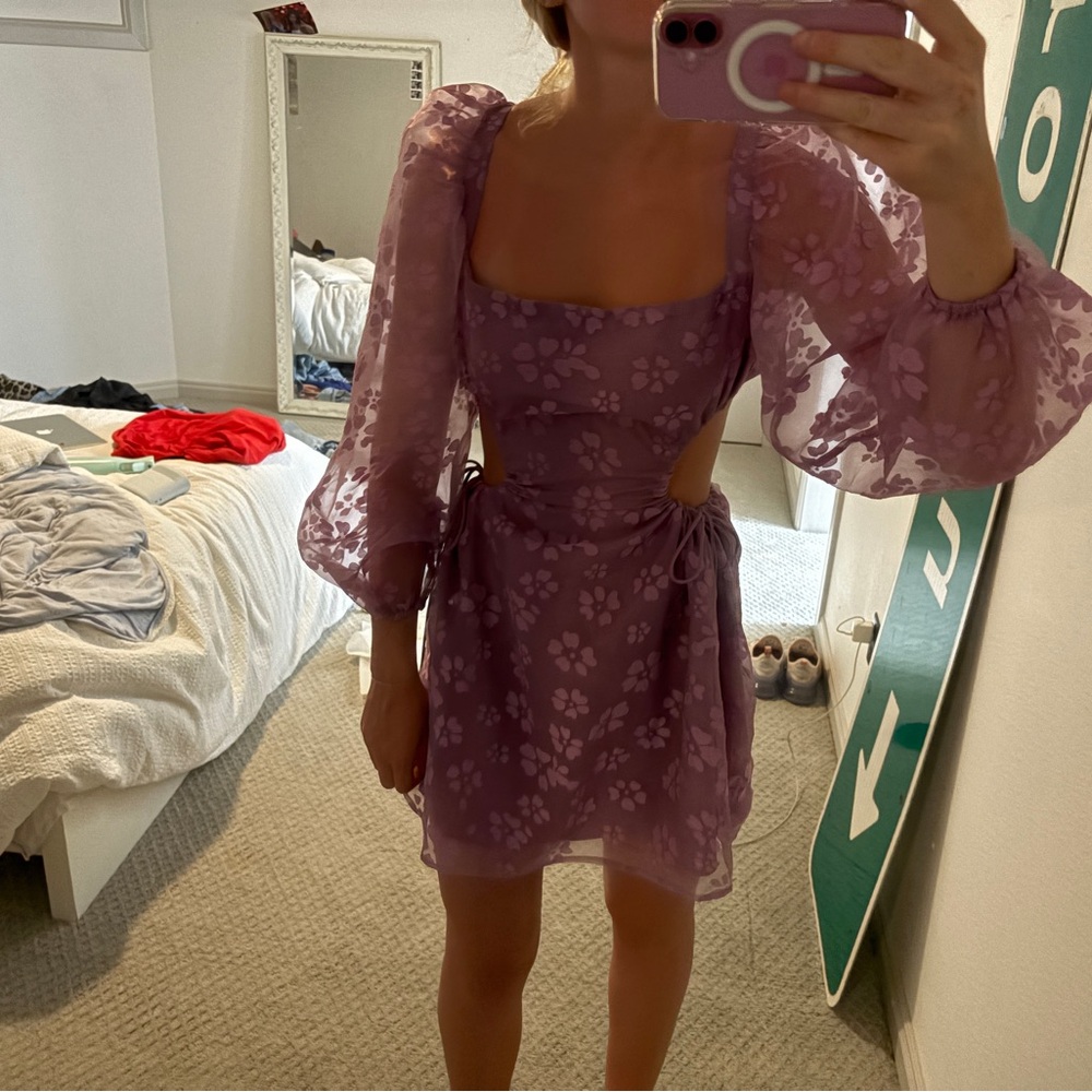 Purple floral dress with sheer puff sleeves
